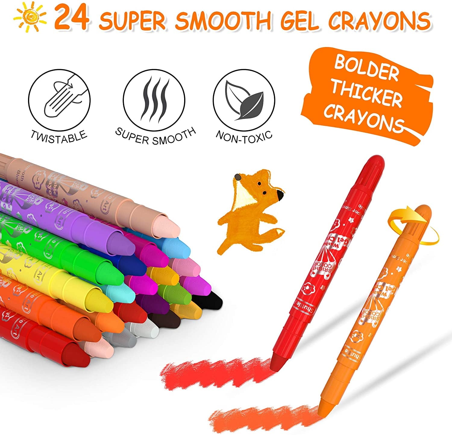 24 Colors Gel Crayons , Shuttle Art Non-Toxic Twistable Crayons Set for Coloring, Crayon-Pastel-Watercolor Effect, Ideal for Paper